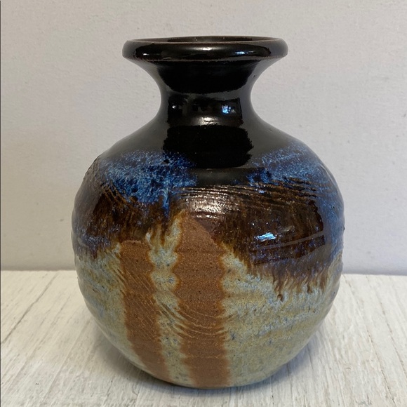 Handcrafted Studio Pottery Vase with Blue and Brown Glaze Artist Signed - Picture 1 of 9